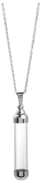 A silver-toned chain necklace with a cylindrical pendant, shown against a plain white background.