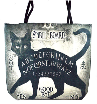A tote bag featuring a black cat over a vintage-style spirit board design with the words 'SPIRIT BOARD' and 'GOOD BYE', plus black handles.