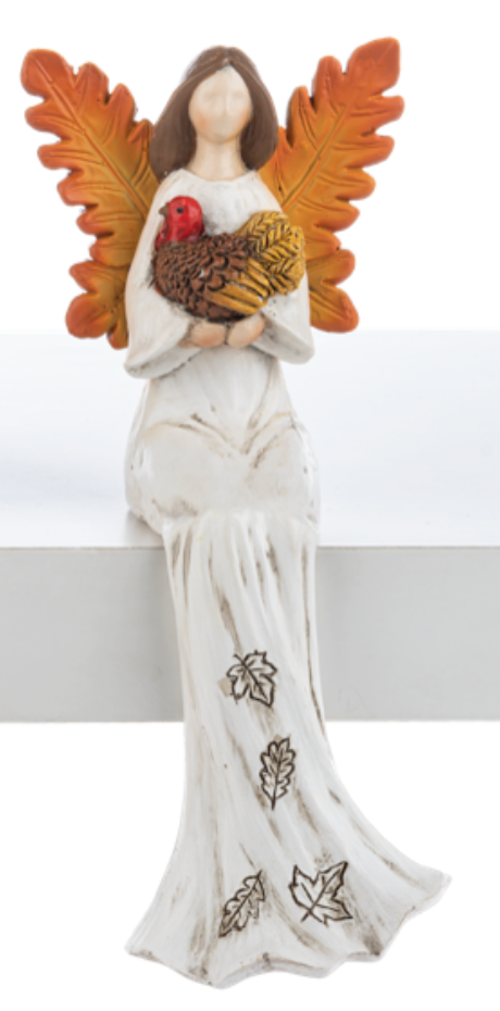 Decorative angel figurine holding a rooster with leafy wings on a white background