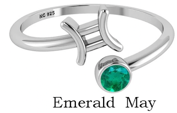 Silver ring with a green gemstone on a white background