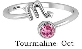 Silver ring with a pink gemstone and 'O' symbol, labeled 'Tourmaline Oct'.