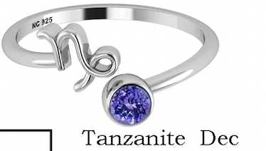 Silver ring with a Tanzanite gemstone on a white background
