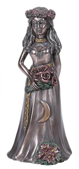 Statue of a woman with flowers and a crescent moon emblem on a white background