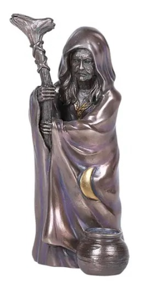 Statue of a hooded figure holding a staff with a moon symbol on a white background
