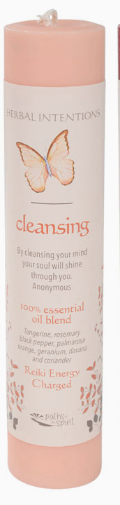 Candle labeled 'cleansing' with butterfly design on a white background