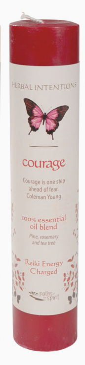 Candle labeled 'Courage' with a butterfly design on a white background