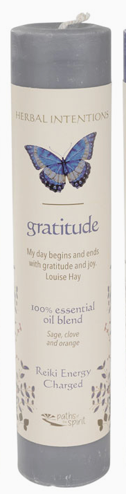 Candle with a blue butterfly design and text on a white background
