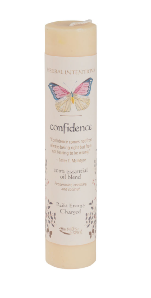 Candle labeled 'confidence' with a butterfly design on a white background