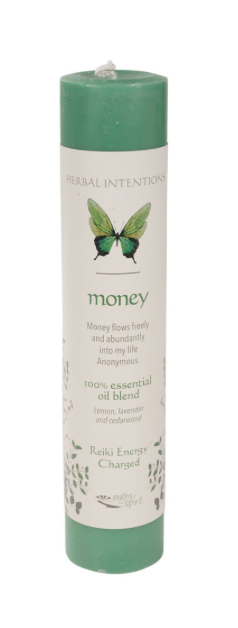 Green candle with butterfly design and text on a white background