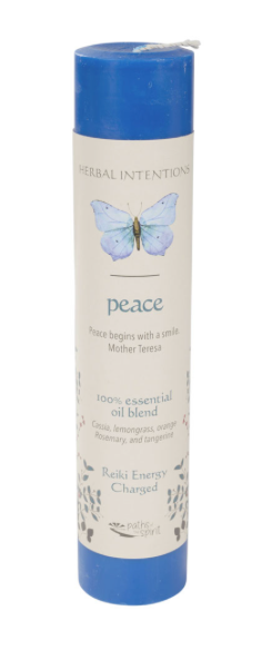 Candle labeled 'Peace' with a blue cap and butterfly design on a white background