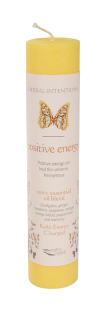Yellow candle with a white label featuring a butterfly illustration on a white background