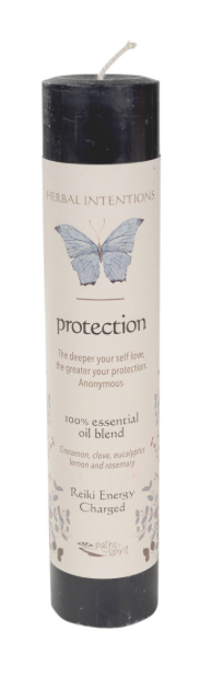 Black candle with a white label featuring a butterfly illustration and text on a white background