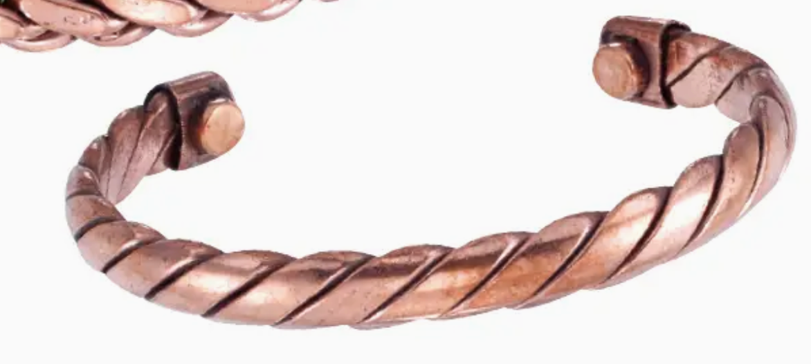 Bronze bracelet with a twisted flat design on a white background