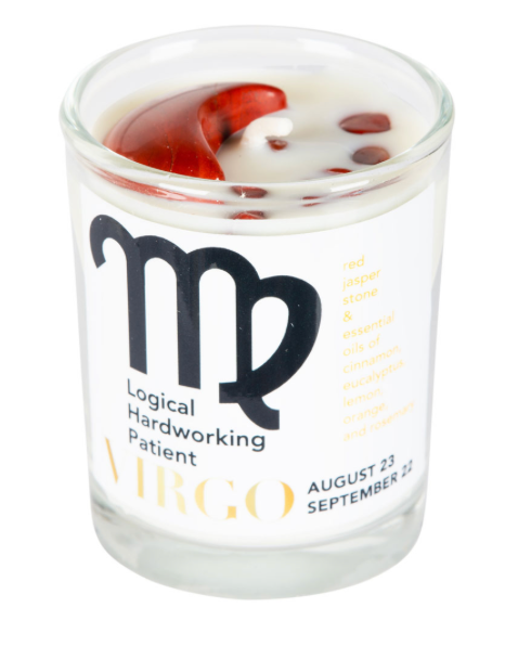 Glass candle with Virgo zodiac sign and descriptive text on a white background