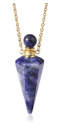 Blue pendant necklace with gold chain on a white background