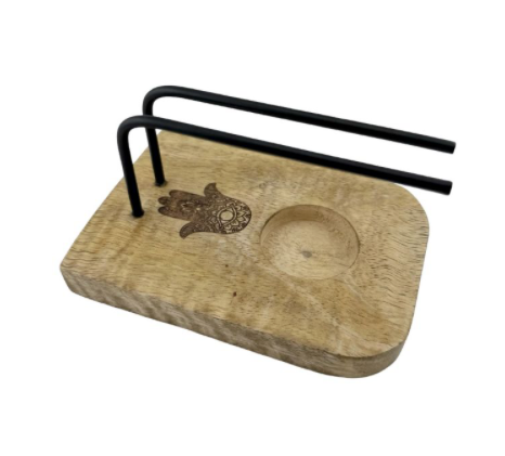 Wooden tray with black metal handles on a white background