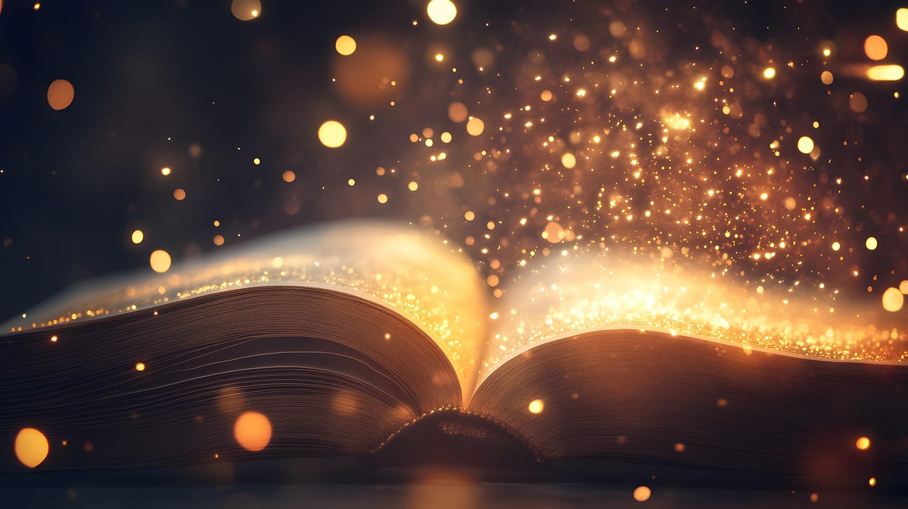 Open book with glowing pages and magical light effects