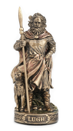 Bronze statue of a warrior with a spear and shield, labeled 'Lugh', on a white background.