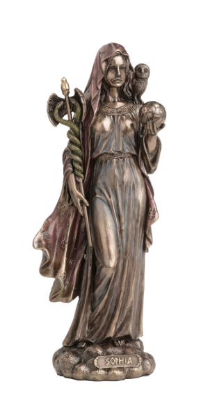 Bronze statue of a woman holding a sword and baby, labeled 'Sophia', on a white background