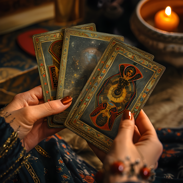 Tarot cards three held in hands and a candle