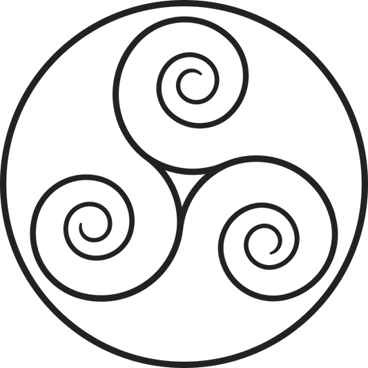A black circular triskelion-style symbol with three spiral motifs inside a white square background.