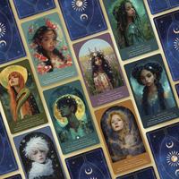 Collage of tarot cards with various portraits and celestial elements.