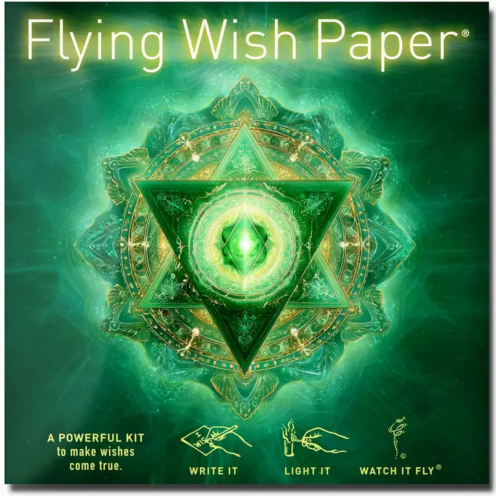 Product packaging for 'Flying Wish Paper' with a green geometric design on a green background.