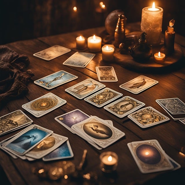 Tarot Card layout on a wood table with candles.