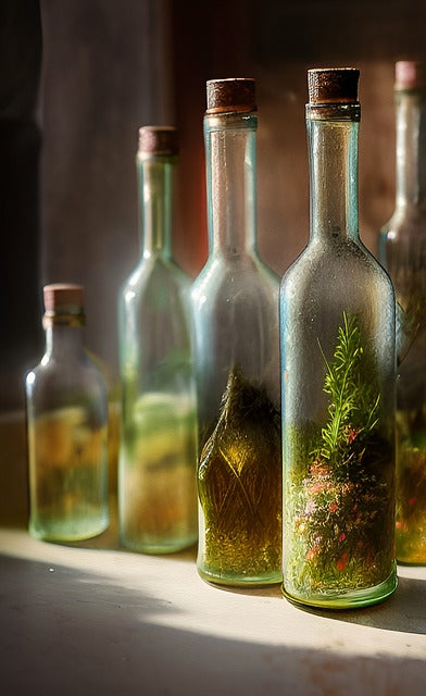 Five bottles with corks with oils and herbs inside in a row.