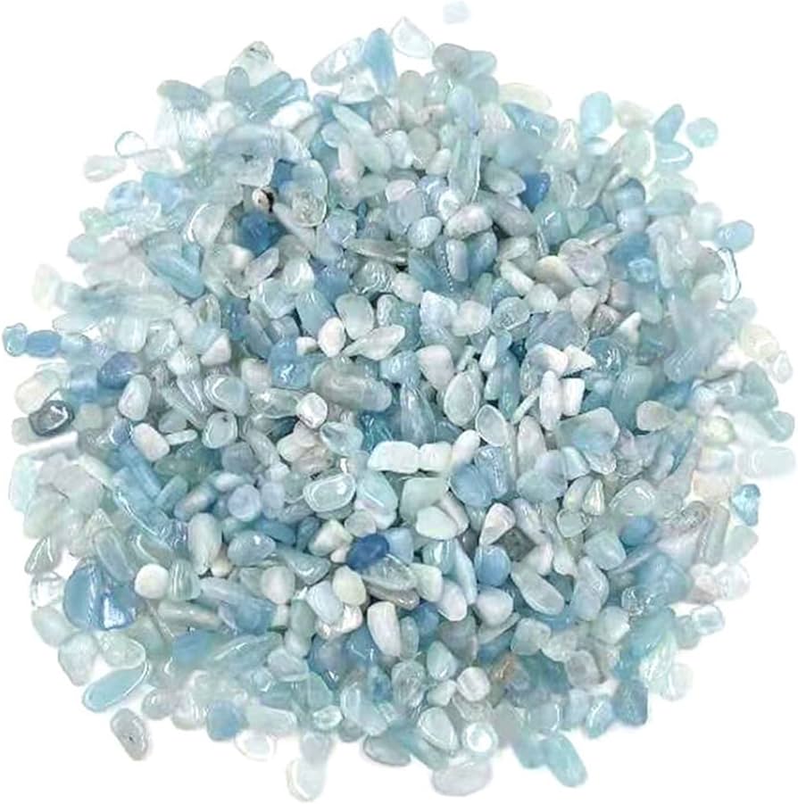 Tiny tumbled chips of semi-translucent greenish blue stones in varying shades