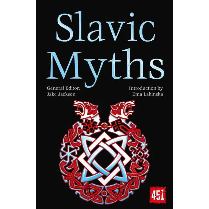 Book cover of 'Slavic Myths' with decorative emblem and text on a black background