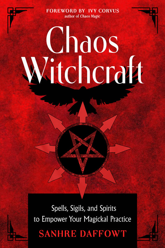 Book cover of 'Chaos Witchcraft' with an eagle and pentagram design on a red background.