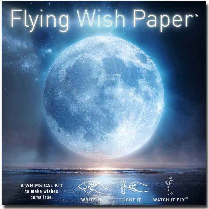 Product packaging for 'Flying Wish Paper' with a large moon over water.