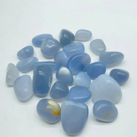 semi-translucent light blue stones in various sizes, all tumbled and smooth