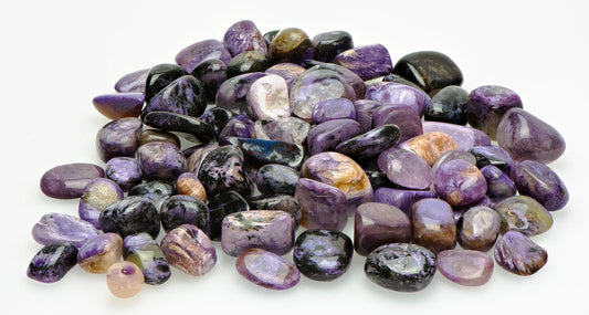 black, white, and purple, shiny tumbled stones with a pearly finish