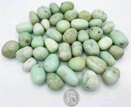 pieces of tumbled bluish green stones mostly round and oval shaped, in varying shades