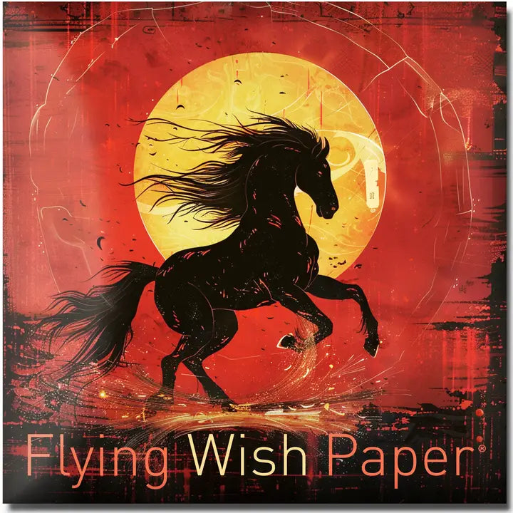 Artistic depiction of a horse with a red and yellow background, featuring the brand 'Flying Wish Paper'.
