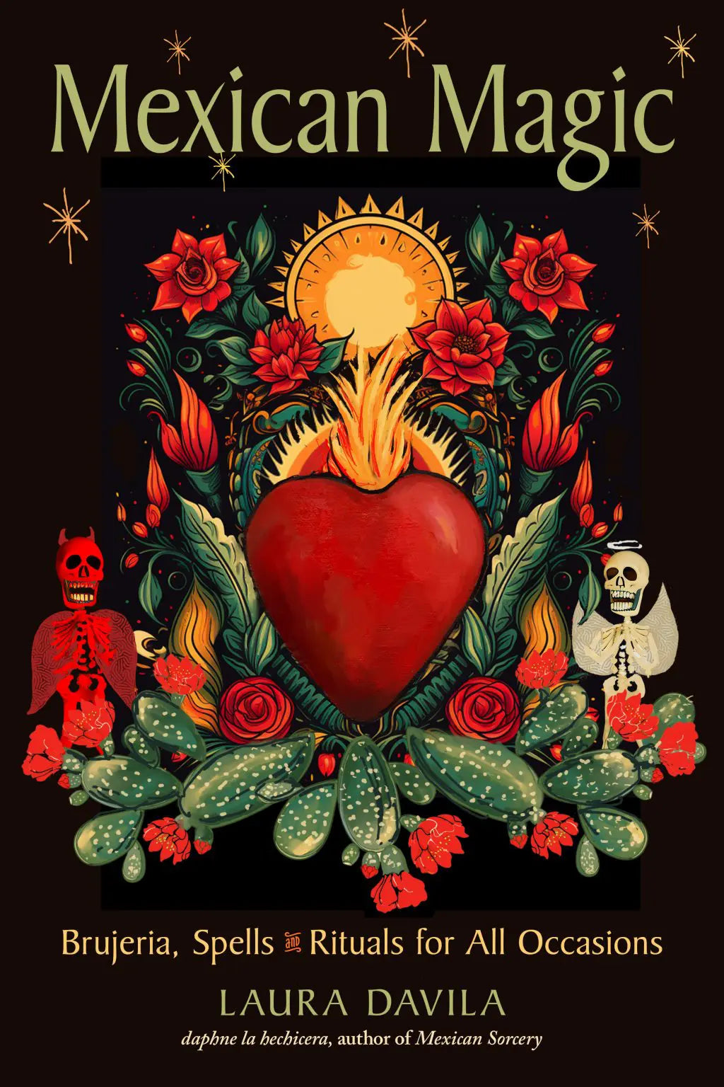 Book Cover showing a heart, roses, cactus, stylized and and devil