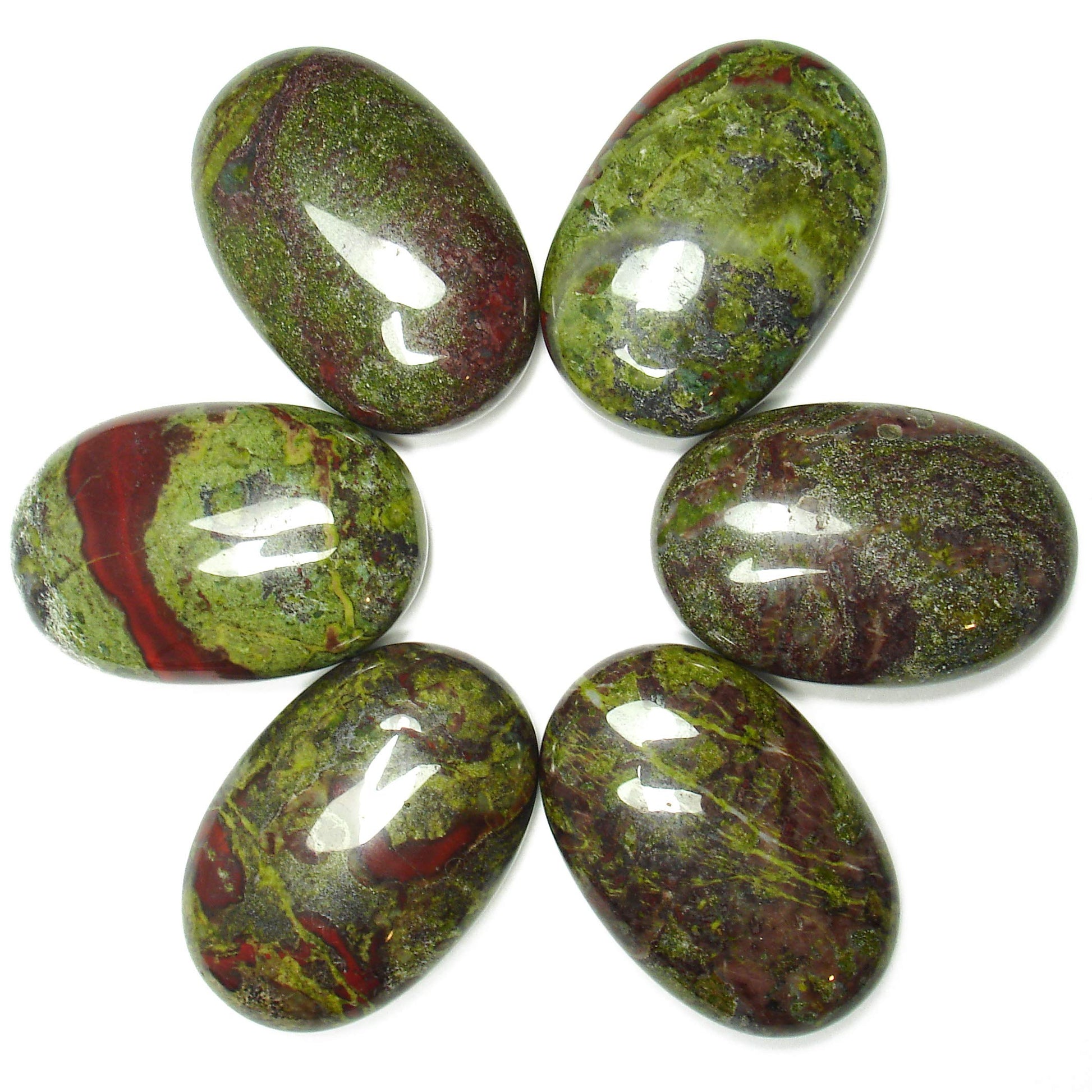 Smooth, polished, palm sized, dark green stone with red veins