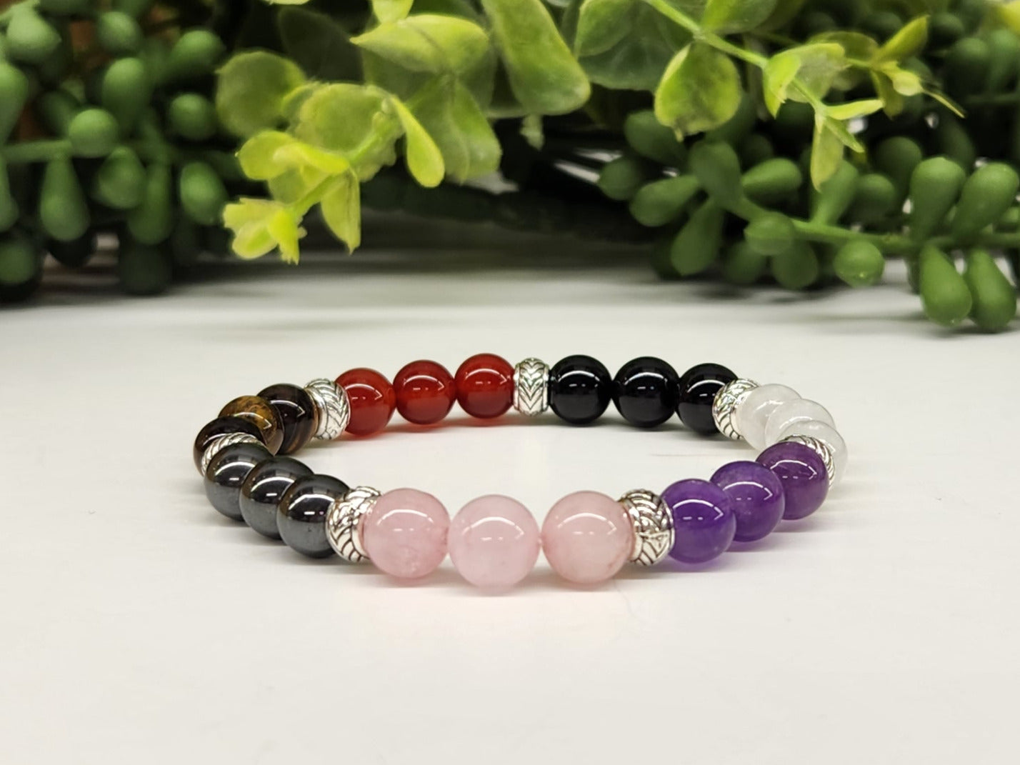 ADDICTION RECOVERY - Carnelian/Selenite/Rose Quartz/Amethyst/Hematite/Tiger Eye/Black Tourmaline Stretchable 8MM beads