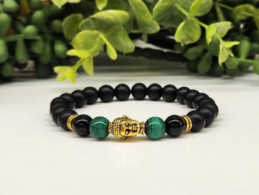 Buddha Head Bead with Malachite and Black Obsidian Matte Stretchable 8MM beads