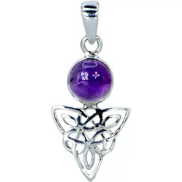 Silver pendant with a purple gemstone on a white background