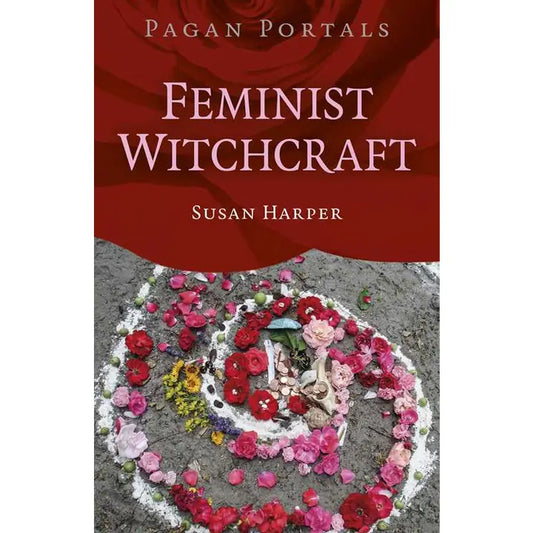Book cover of 'Feminist Witchcraft' by Susan Harper with a floral design and red background.
