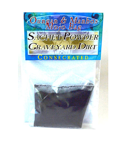 Sachet of graveyard dirt with Oungan & Manhos Mojo Bag packaging on a white background
