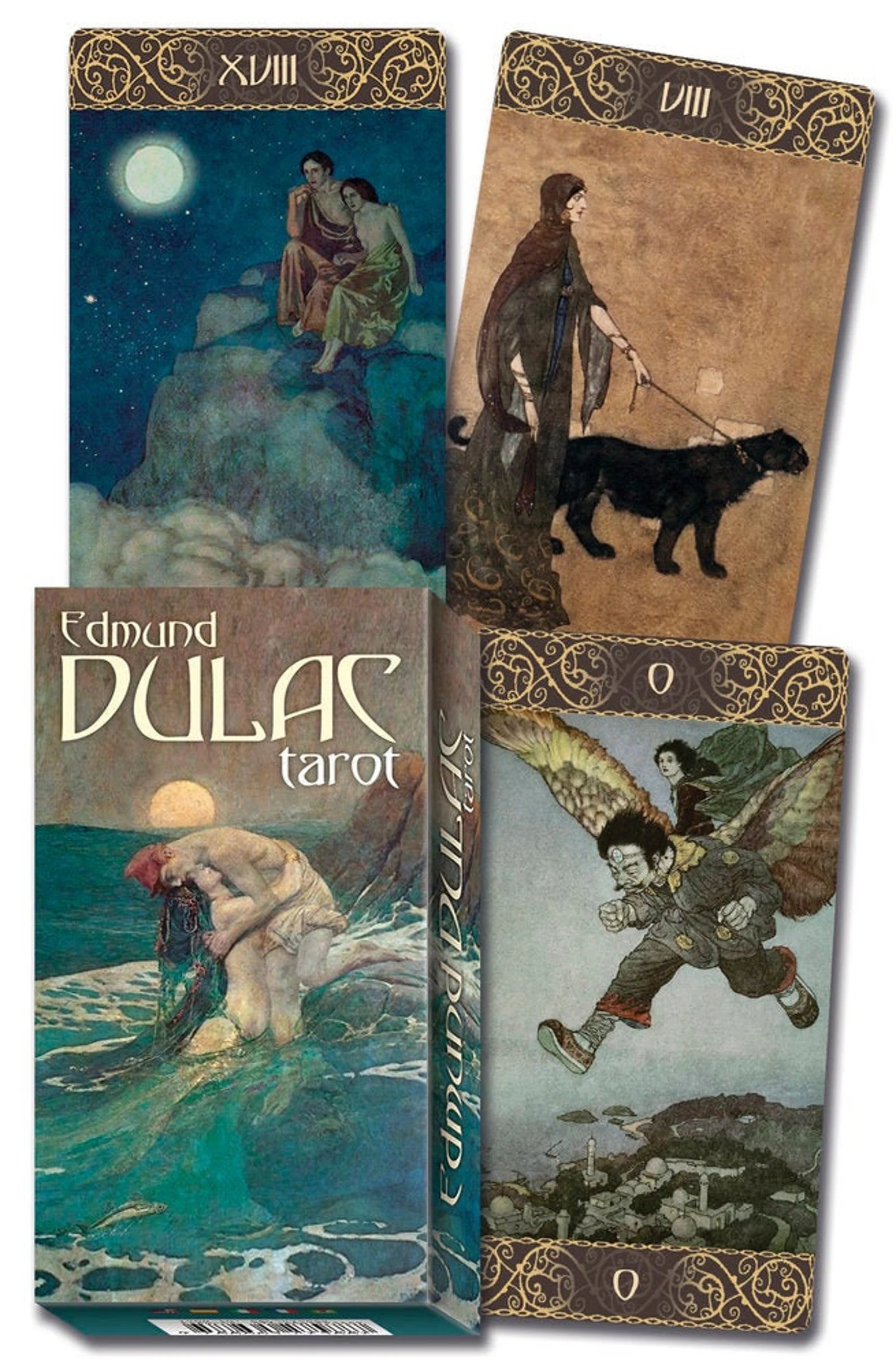 Edmund Dulac tarot cards with artistic illustrations on a blue background