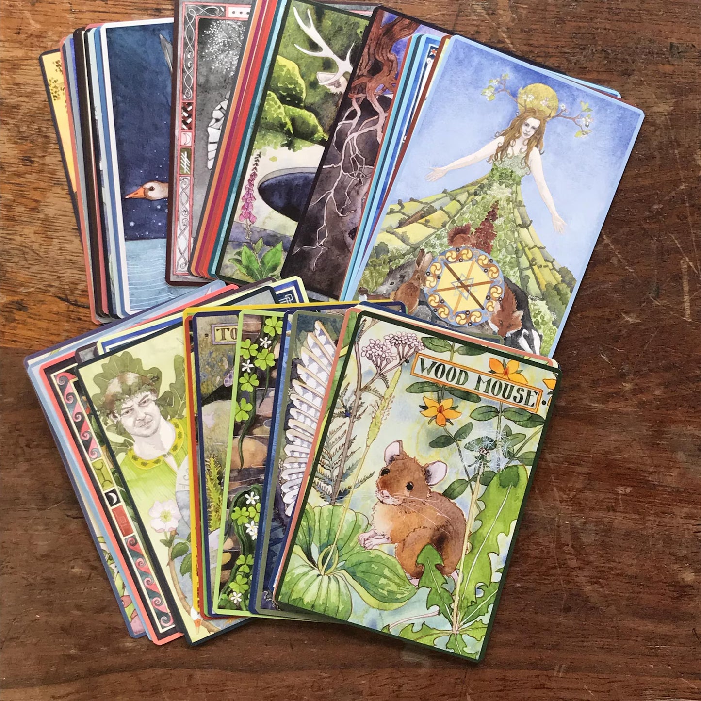 Collection of tarot cards on a wooden surface
