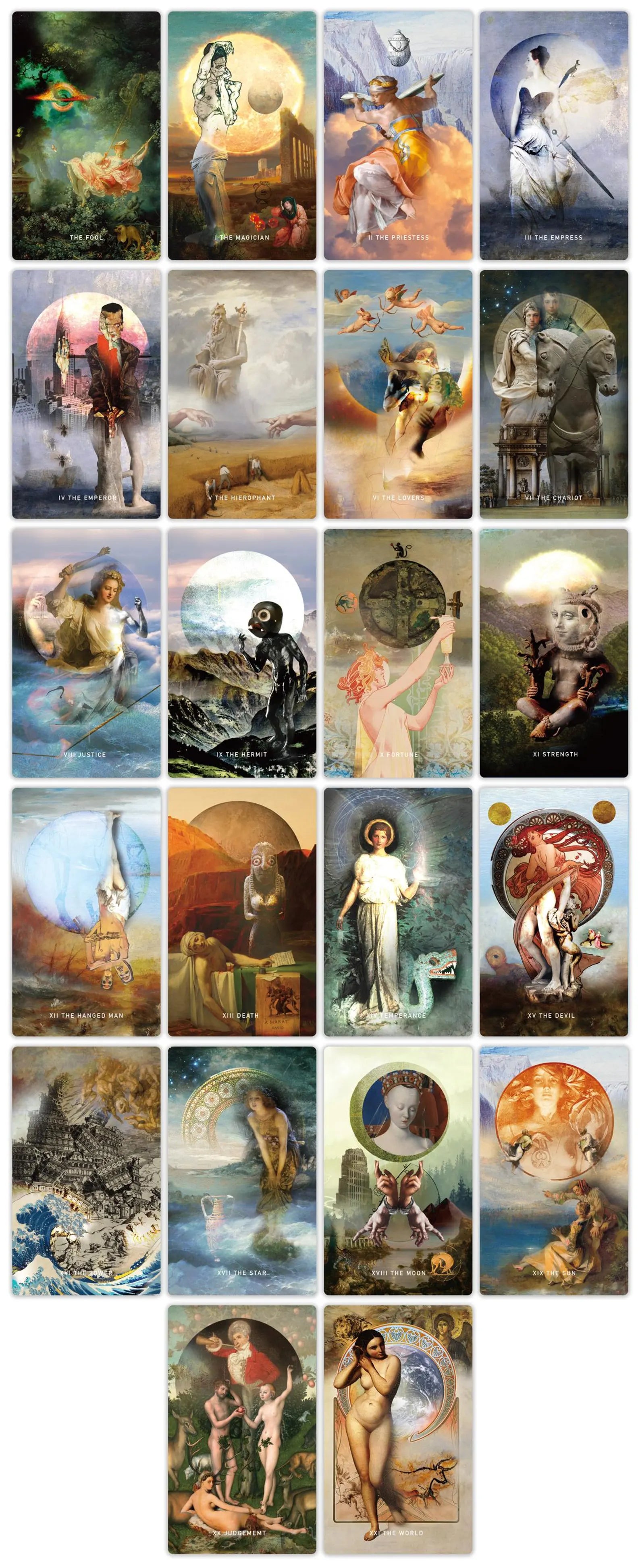 Collection of tarot cards with various illustrations on a white background