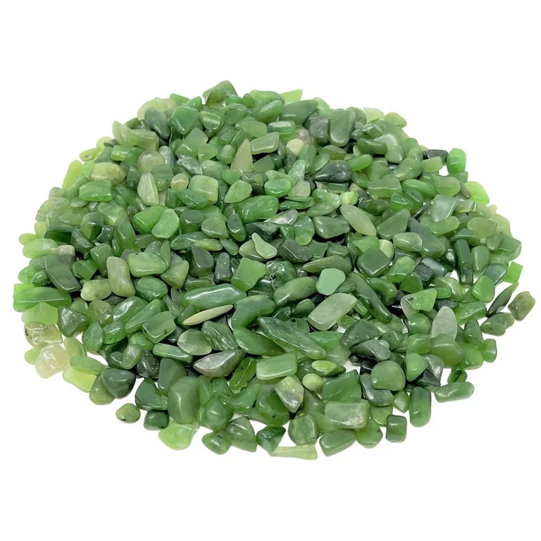 tiny chips of smooth, tumbled stones in varying shades of dark and medium green