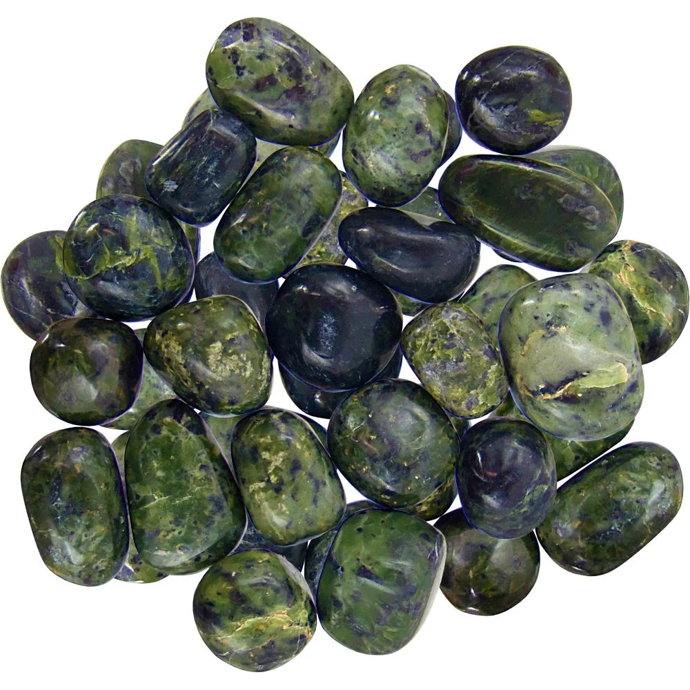 Tumbled stones around 3/4 inch to an inch long, in varying shades of green to dark green.