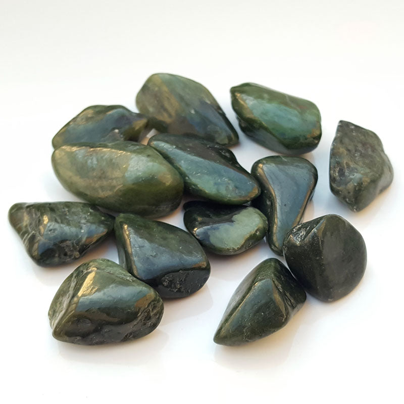 small tumbled, smooth, stones in varying shapes, multiple shades of mostly dark to very dark green.